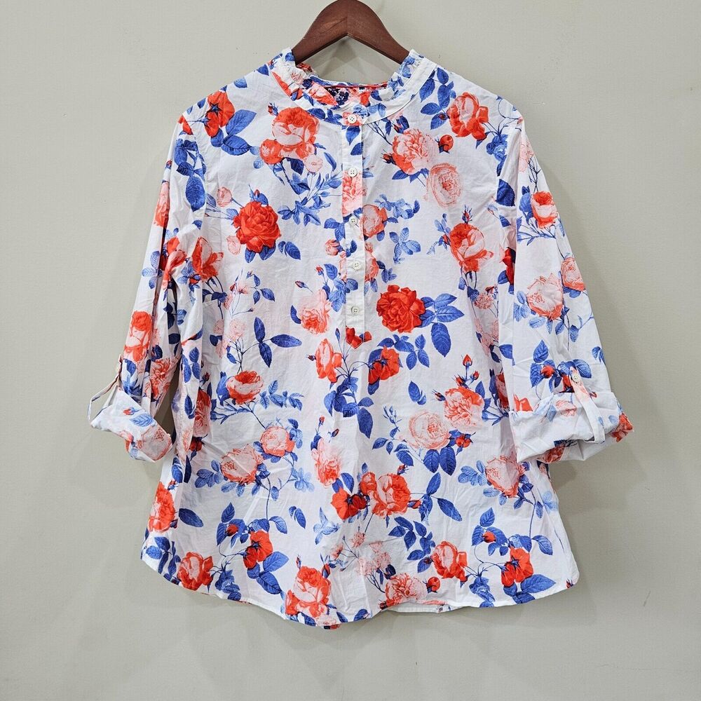 Talbots Womens Floral Popover Top Plus Size 2X Multicolor Roll Tab Sleeves Boho